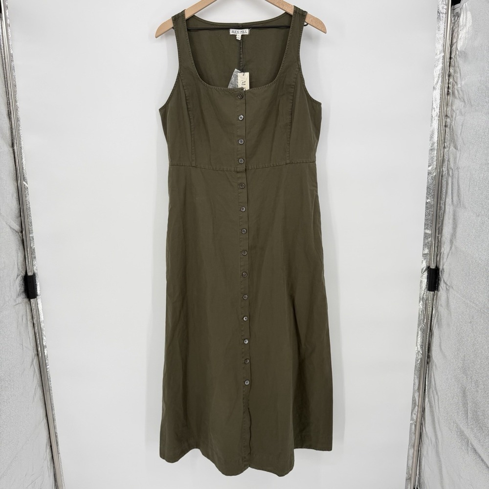 Alex Mill Sz XL Piper Square Neck Cotton Blend Midi Dress Sleeveless Button Down - Picture 2 of 7